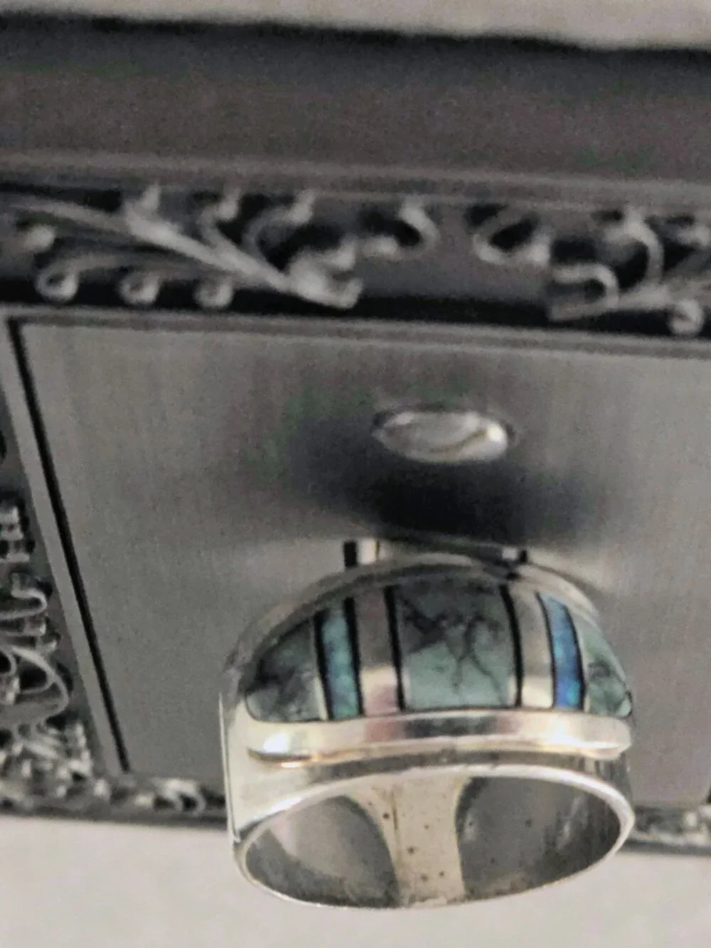 💎 ZUNI-STYLE STERLING SILVER & TURQUOISE INLAY STATEMENT RING